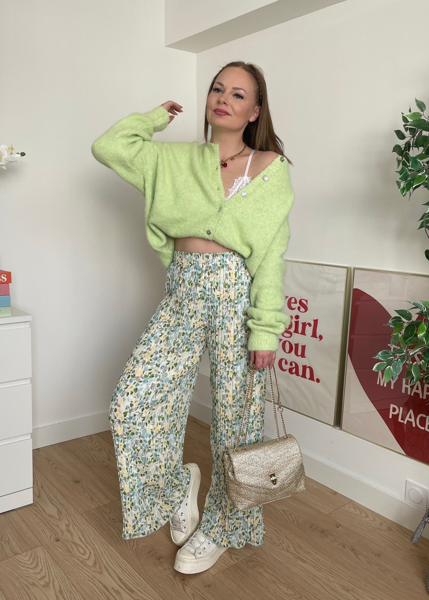 Pantalon plissé à fleurs vert MAËLINE