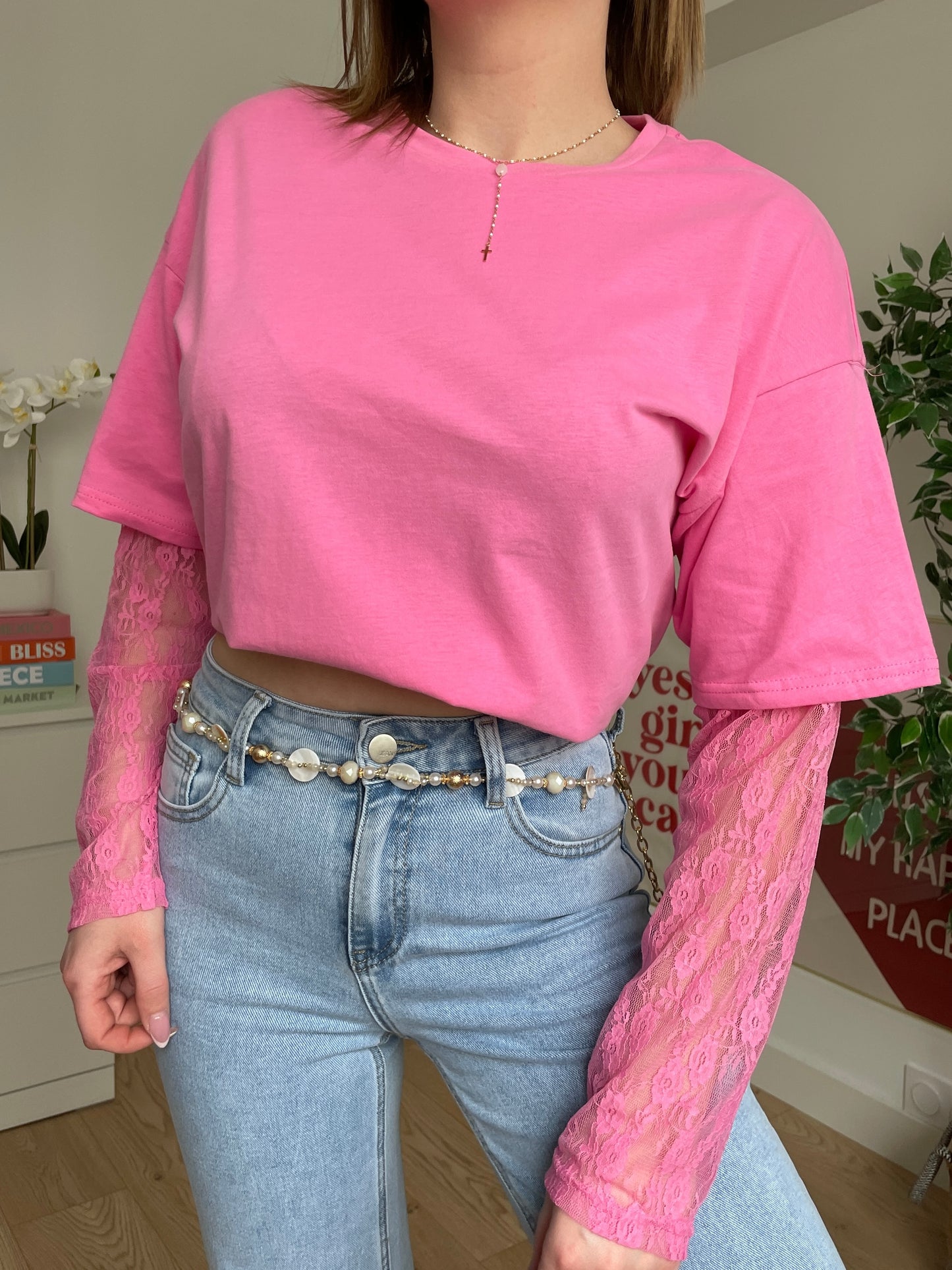 Tee-shirt rose à dentelles ISABELLE