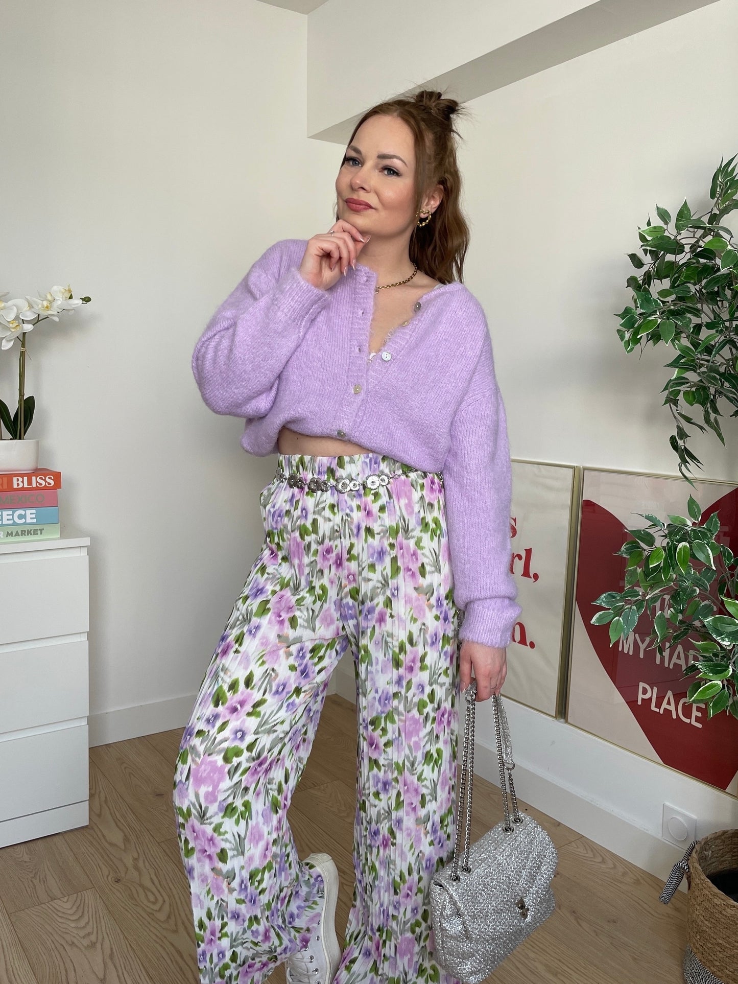 Pantalon plissé à fleurs mauve NEFER