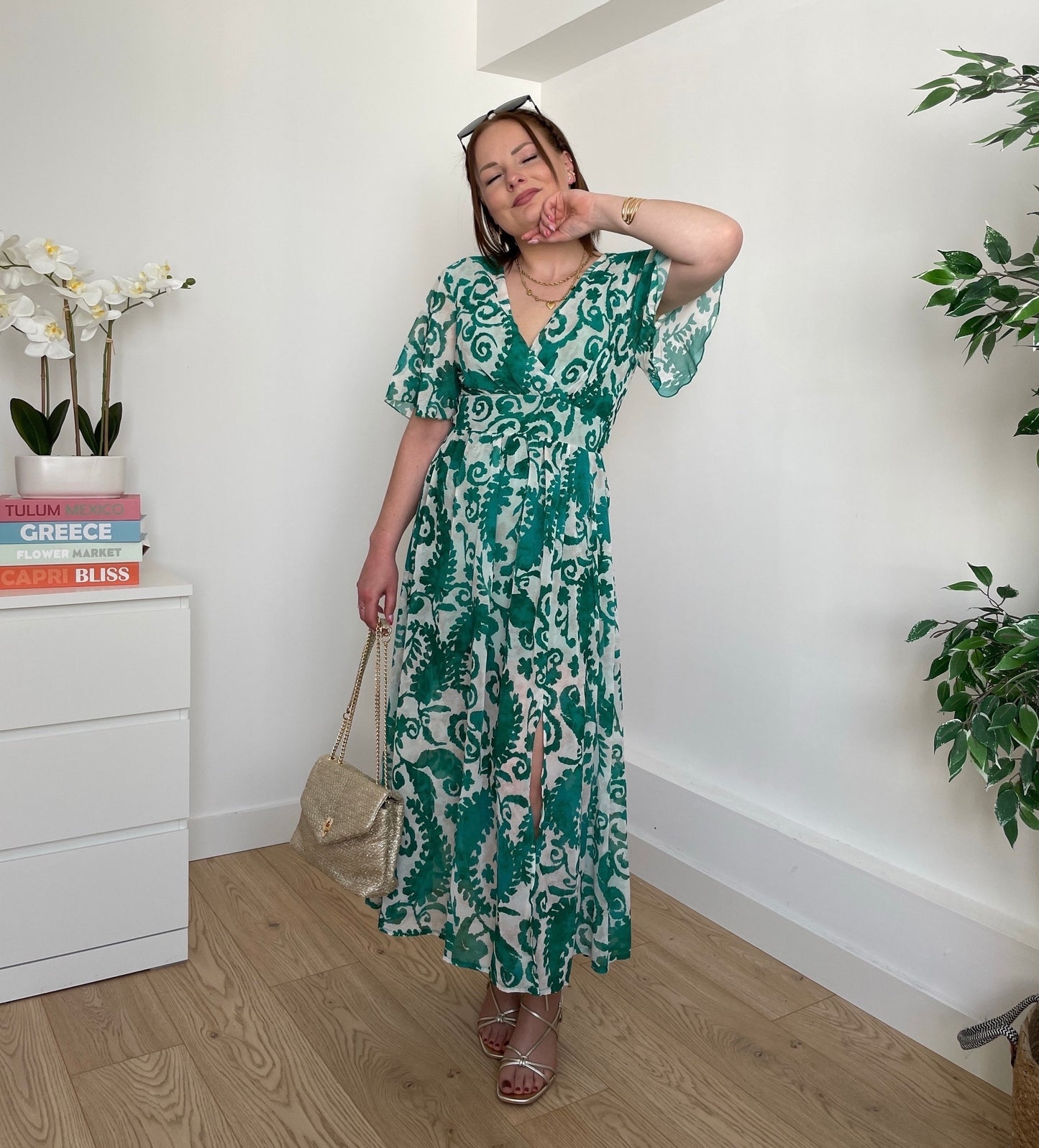 Robe longue à motifs vert CLARISSE