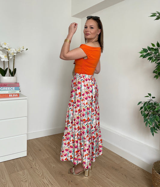 Jupe longue à fleurs orange ADÈLE