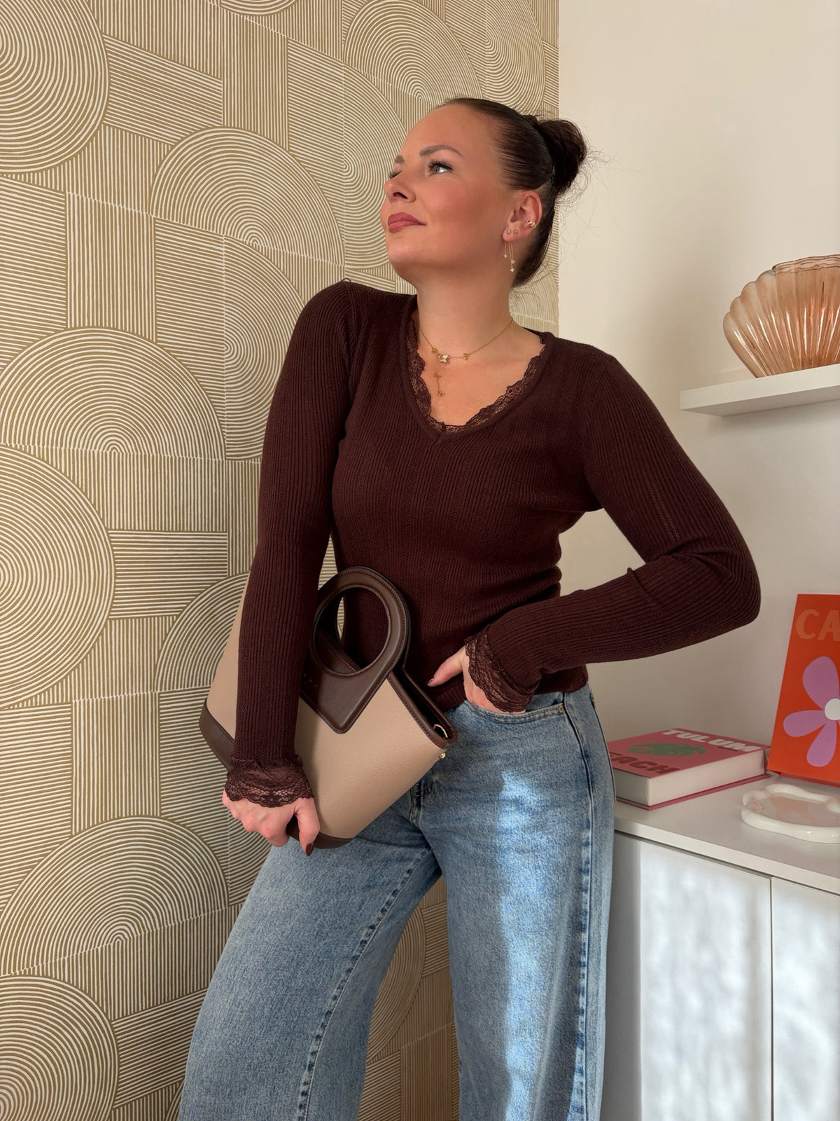 Top côtelé/dentelle choco - LIVIA
