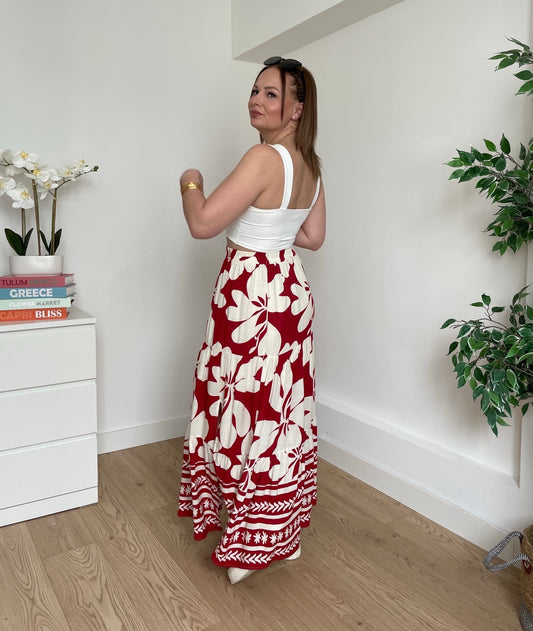 Jupe longue à fleurs rouge SALOMÉ