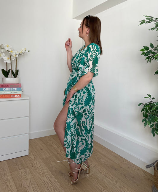 Robe longue à motifs vert CLARISSE