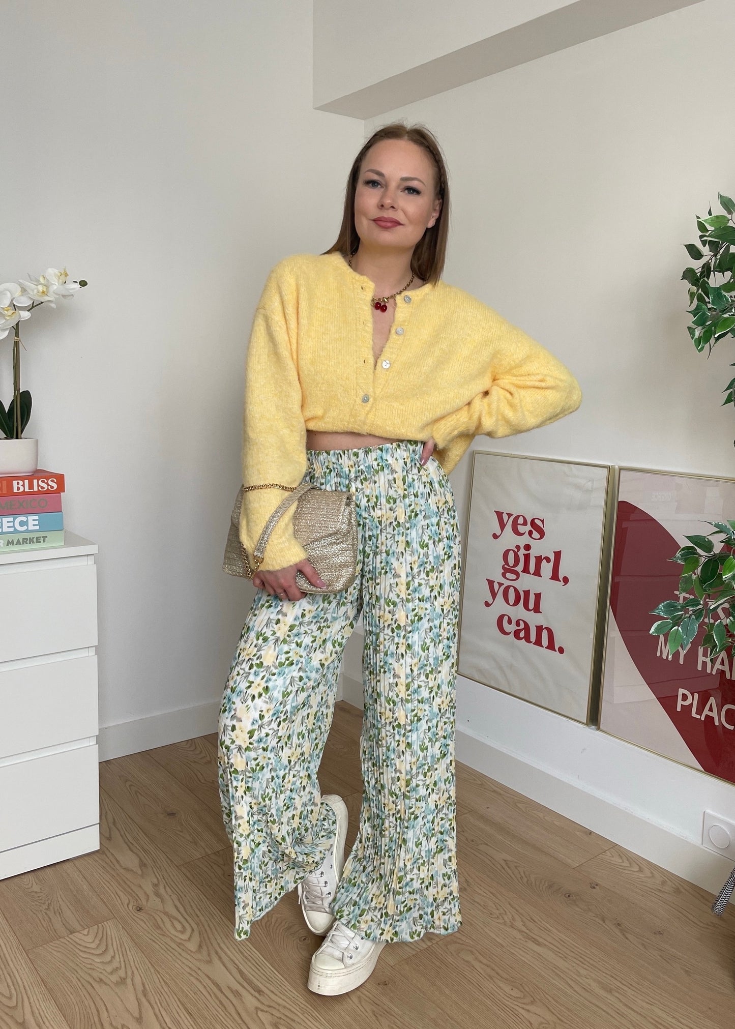 Pantalon plissé à fleurs vert MAËLINE
