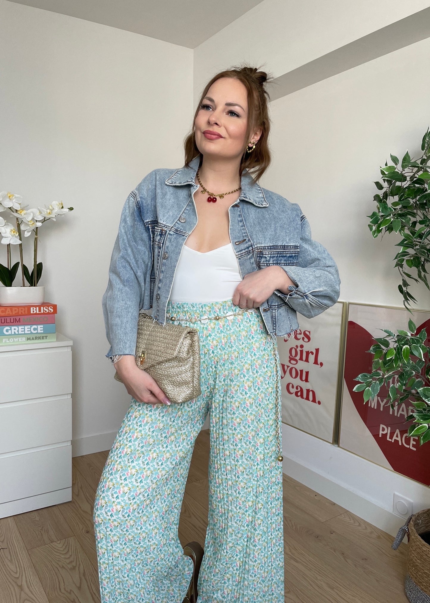 Pantalon plissé à fleurs bleu AXELLE