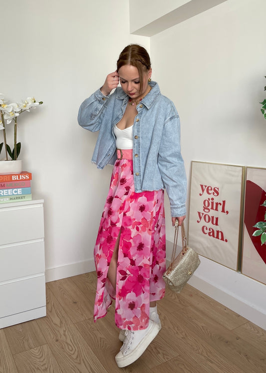 Jupe longue à fleurs rose NINA