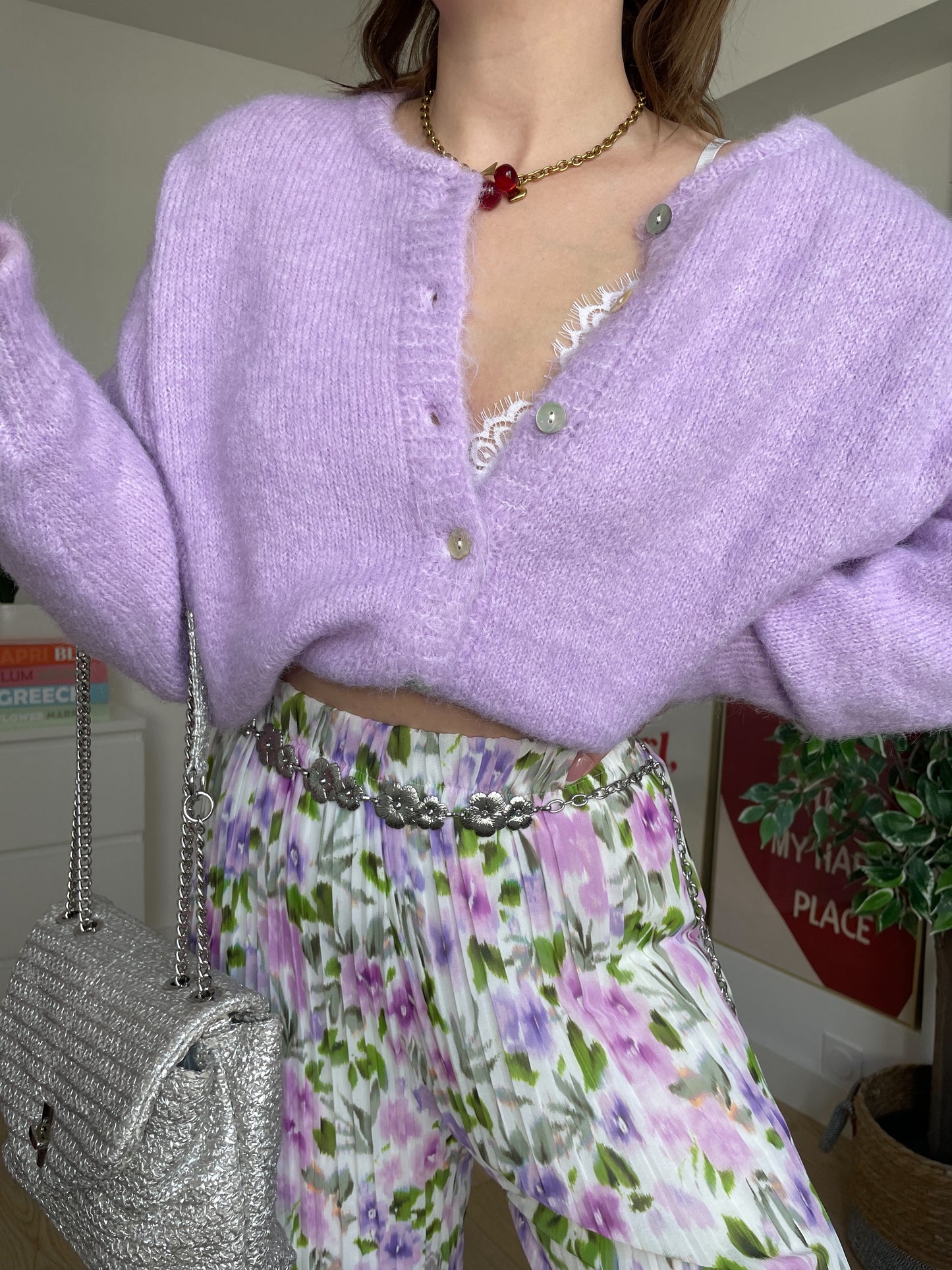 Pantalon plissé à fleurs mauve NEFER