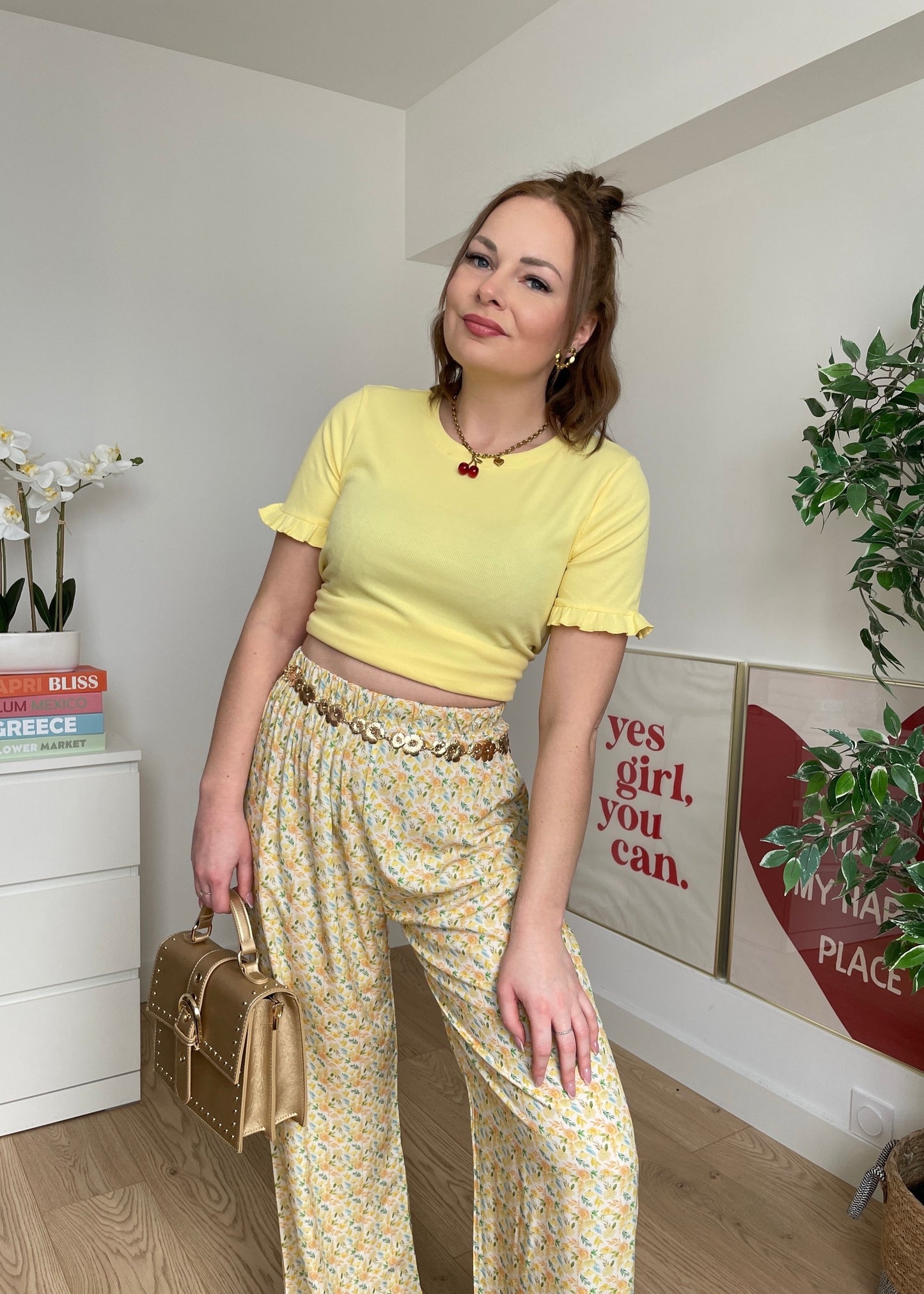 Pantalon fluide à fleurs jaune ANASTASIA