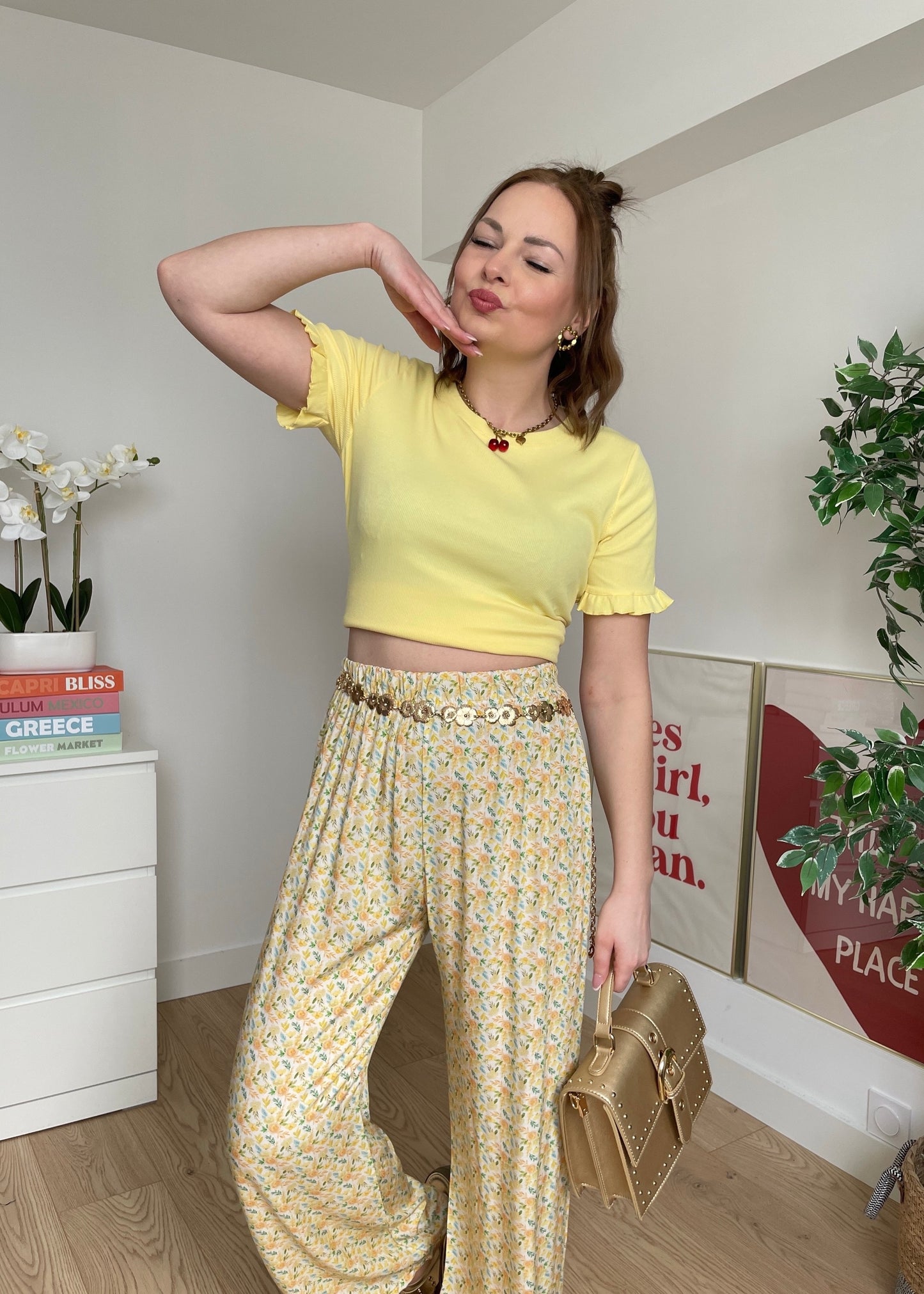Pantalon fluide à fleurs jaune ANASTASIA