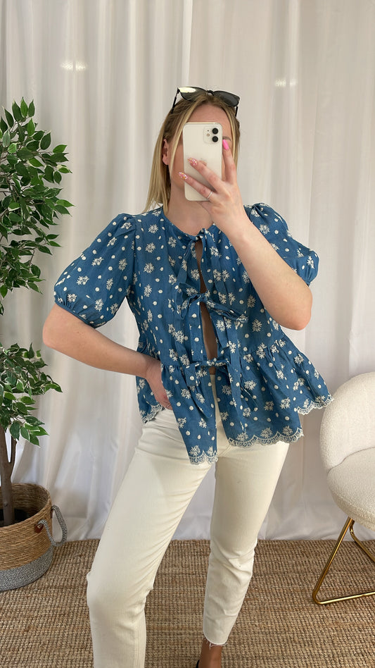 Blouse à nœuds JEANS - Bleue
