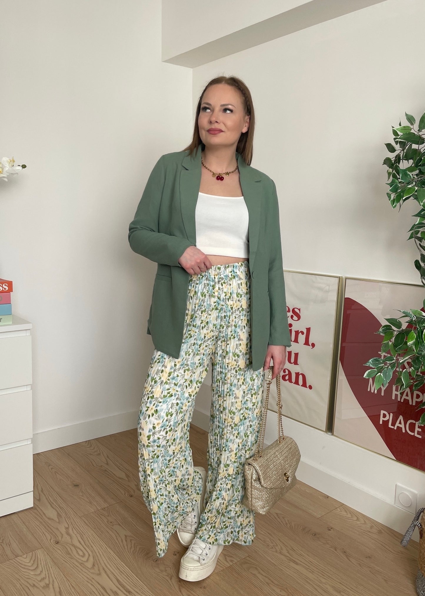 Pantalon plissé à fleurs vert MAËLINE