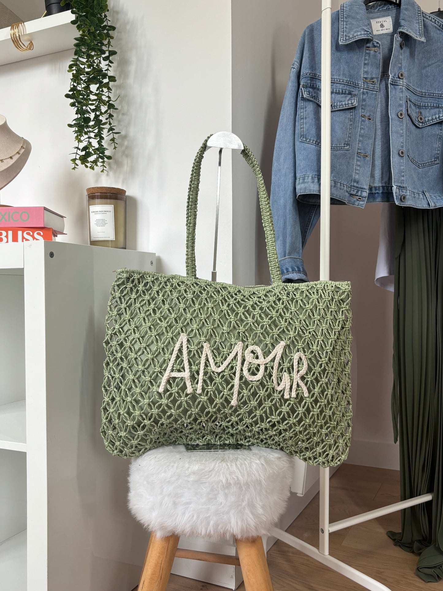Sac en paille kaki AMOUR