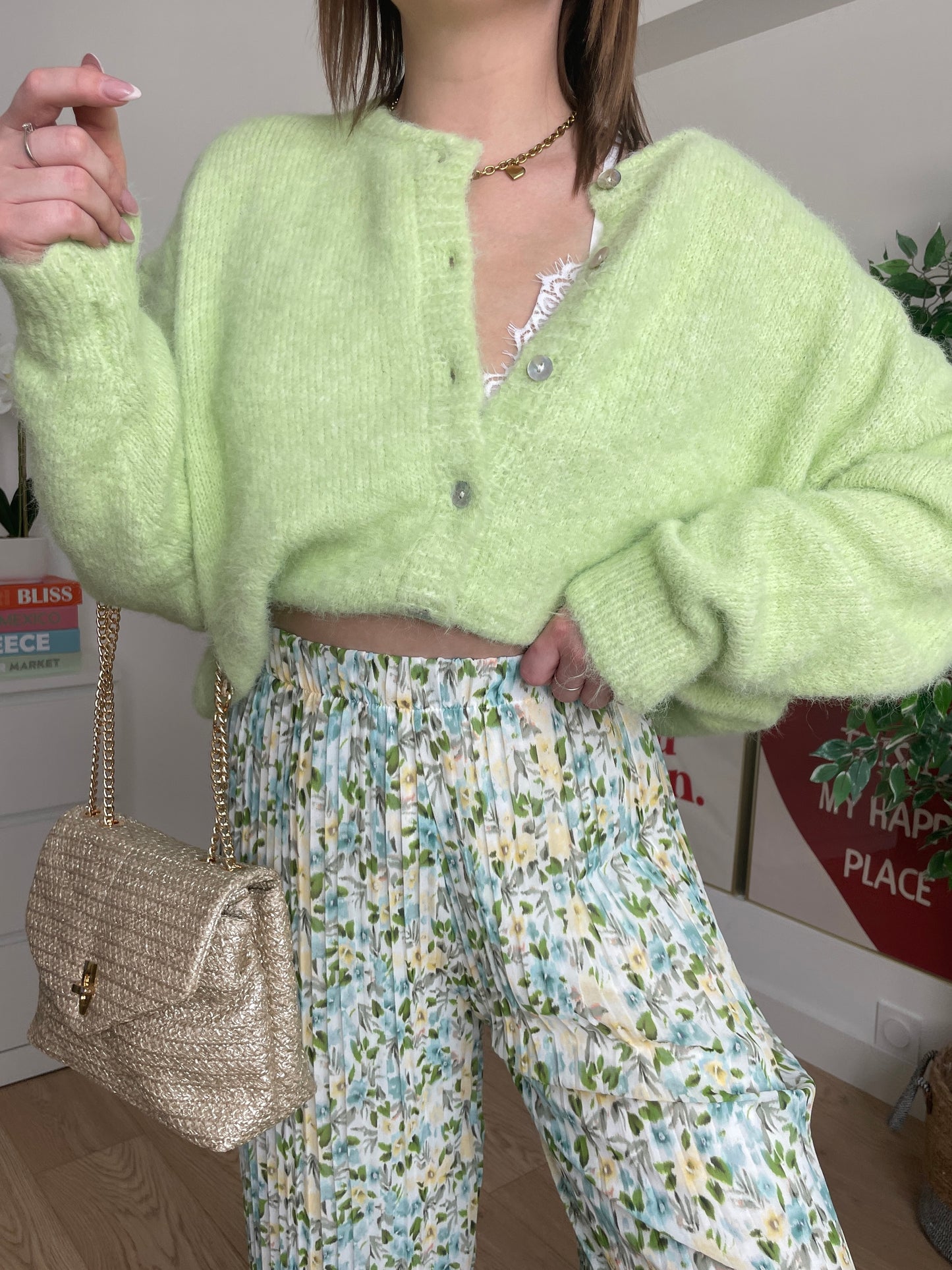 Pantalon plissé à fleurs vert MAËLINE