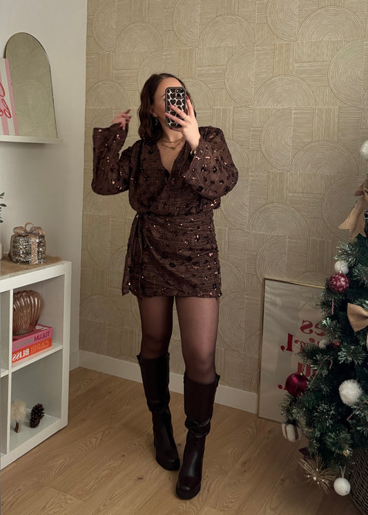 Robe drapée sequins - CHOCOLATE
