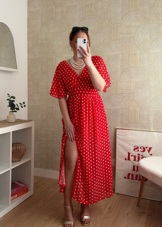 Robe longue rouge - POIS