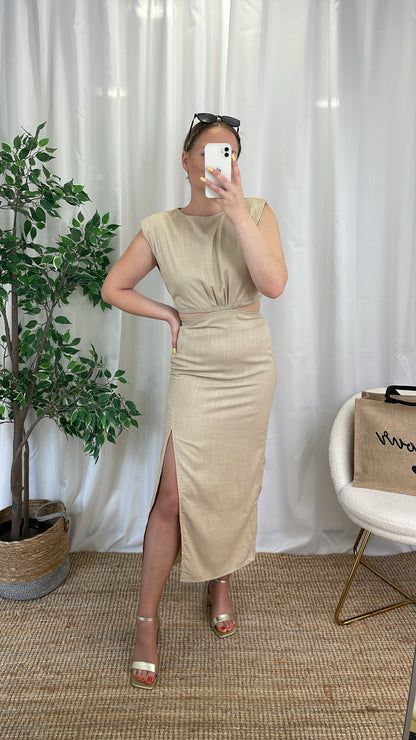 Robe midi en lin beige - MEGHANE