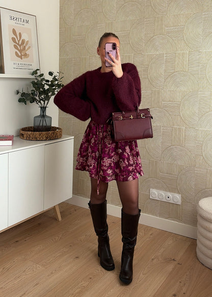 Robe courte à fleurs bordeaux - WAYNA