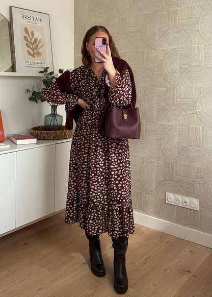 Robe longue à pois bordeaux - CHARLIE