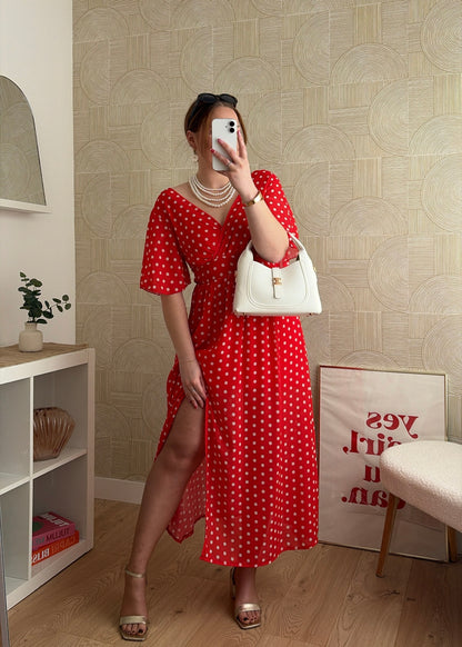 Robe longue rouge - POIS