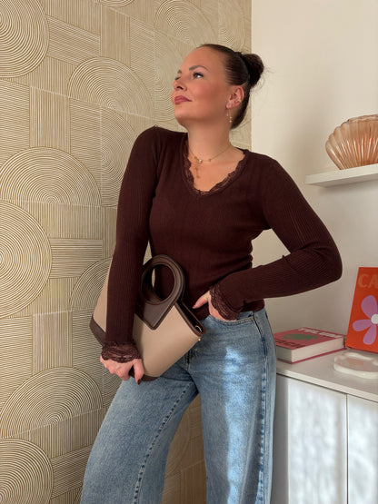Top côtelé/dentelle choco - LIVIA