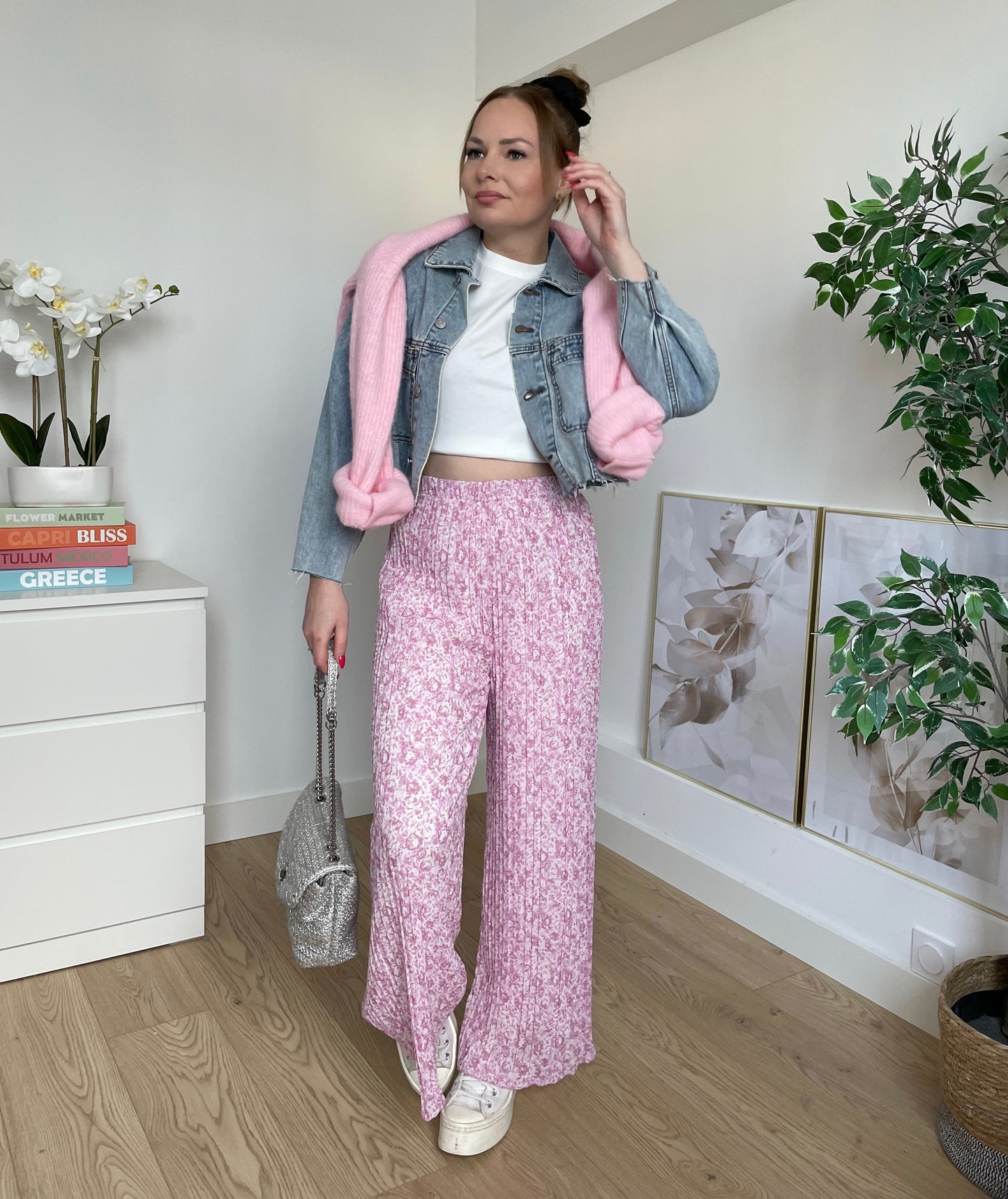 Pantalon plissé à fleurs rose ZÉPHIRA