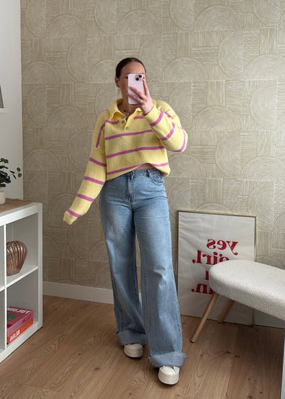 Pull rayé col polo - YELLOW
