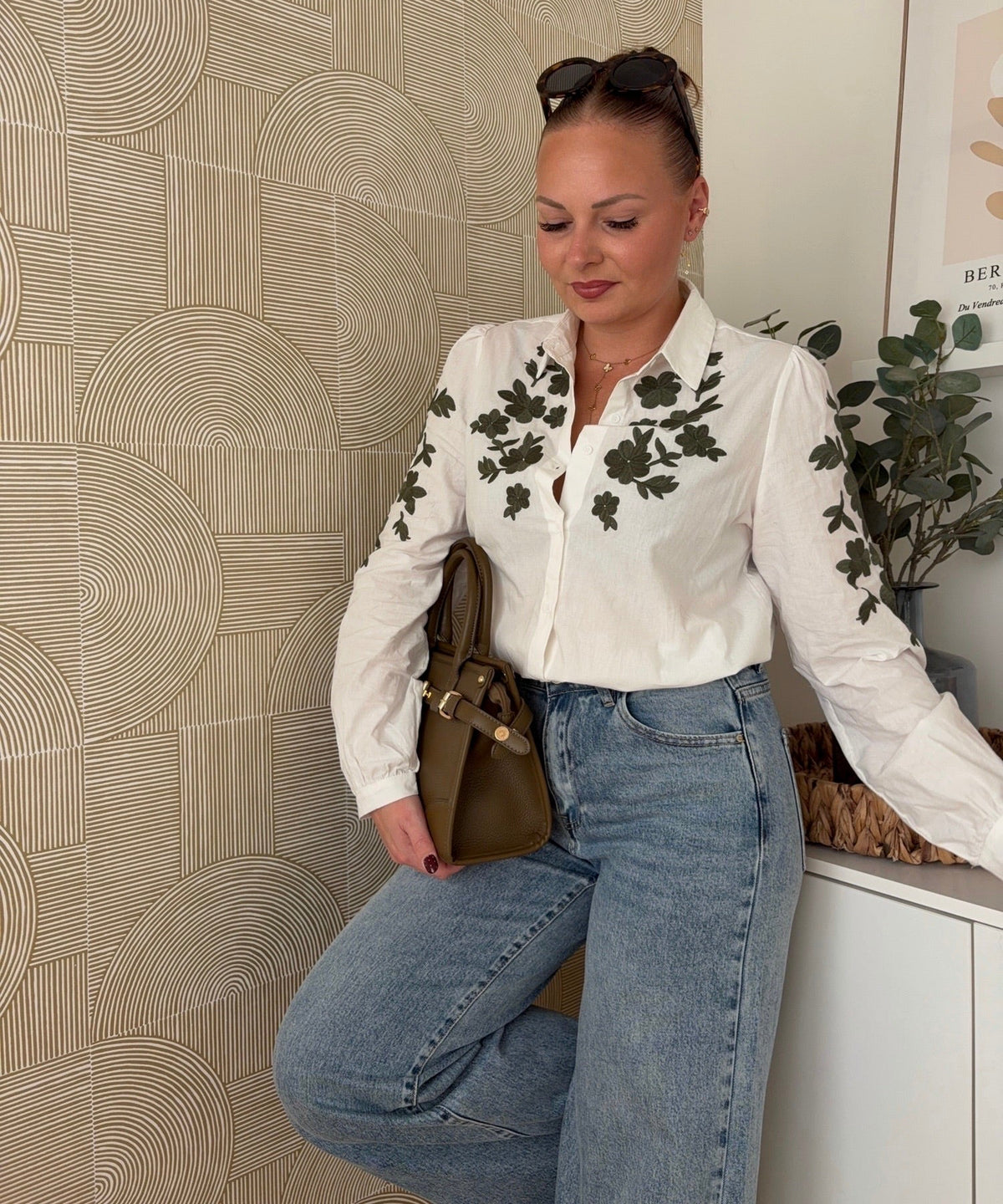 Chemisier blanc/kaki à fleurs - SCARLA