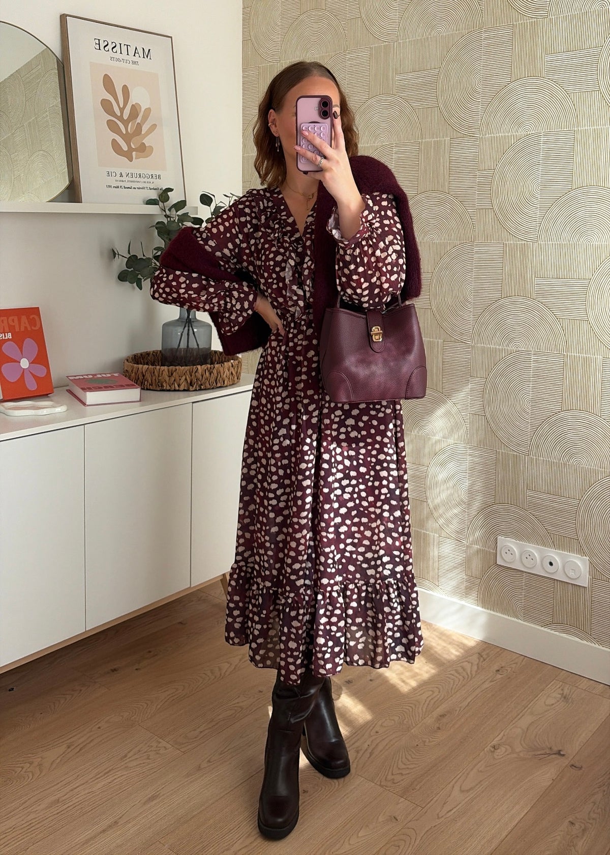Robe longue à pois bordeaux - CHARLIE