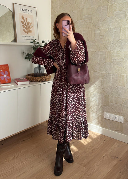 Robe longue à pois bordeaux - CHARLIE