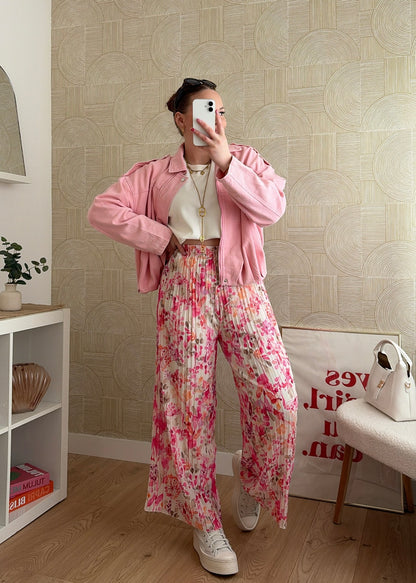 Pantalon plissé à motifs fuchsia - HIRMA