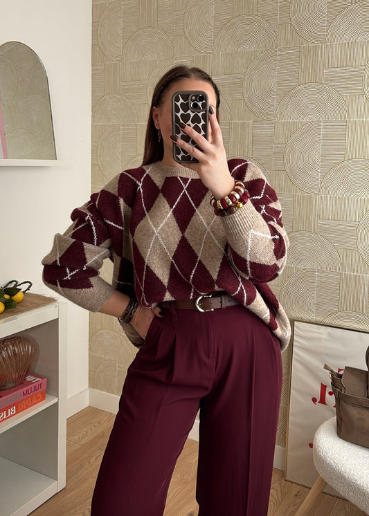 Pull losanges bordeaux - ICONIQUE