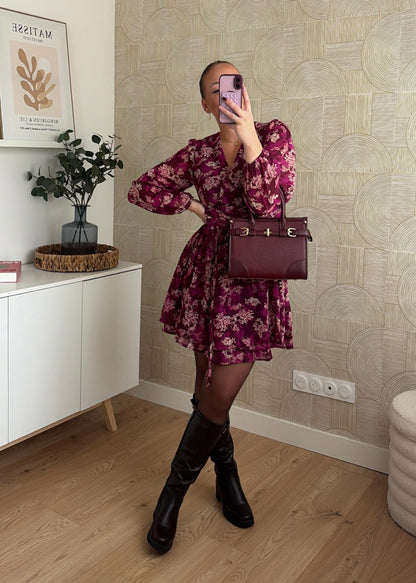 Robe courte à fleurs bordeaux - WAYNA