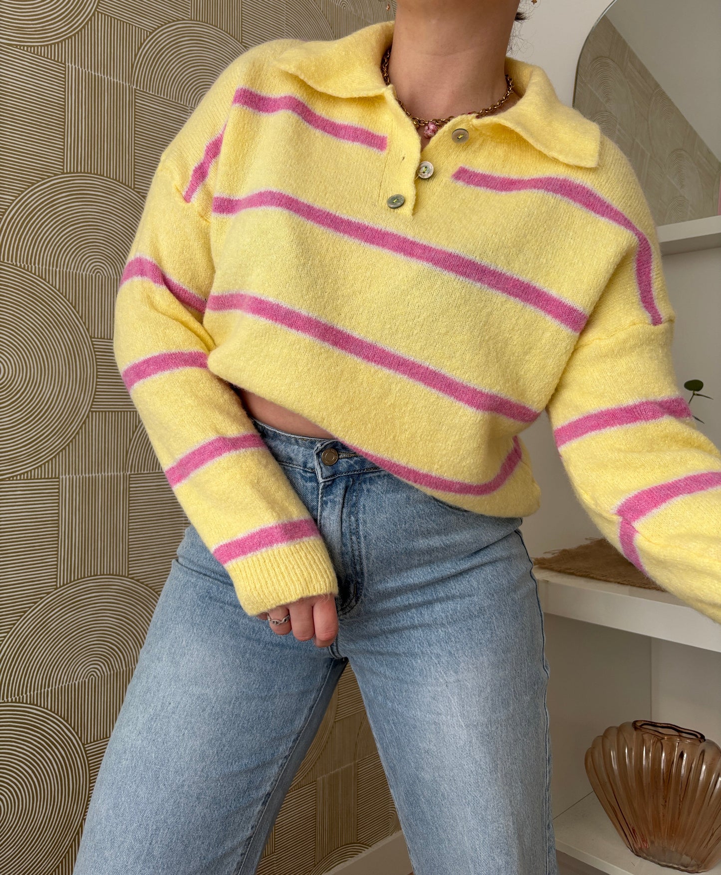 Pull rayé col polo - YELLOW