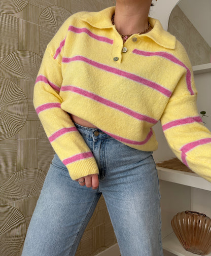Pull rayé col polo - YELLOW