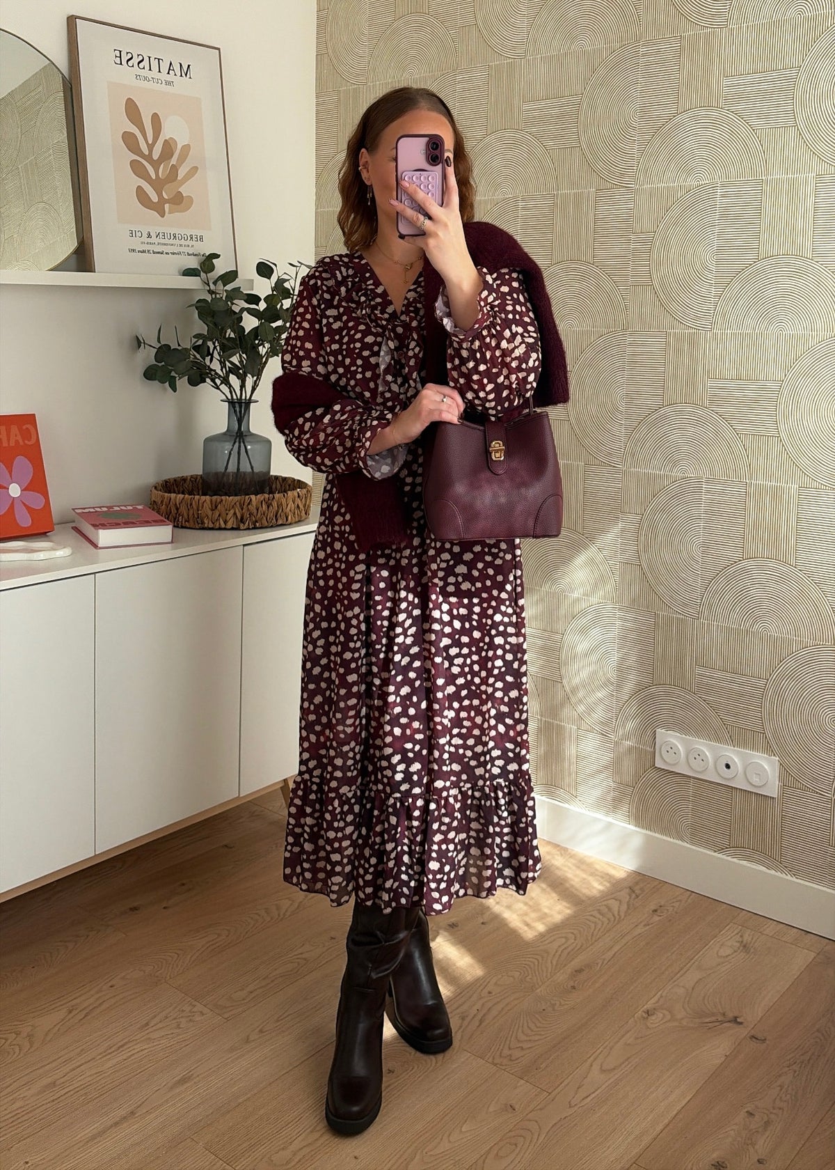 Robe longue à pois bordeaux - CHARLIE