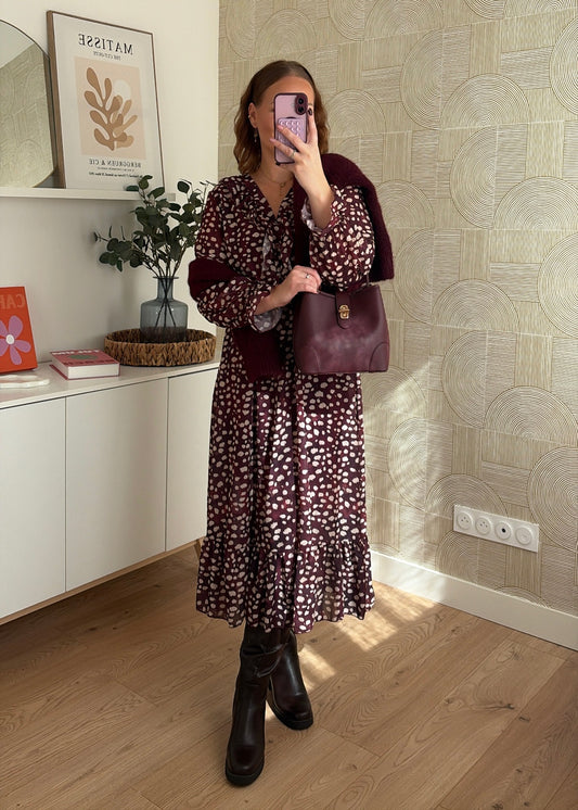 Robe longue à pois bordeaux - CHARLIE