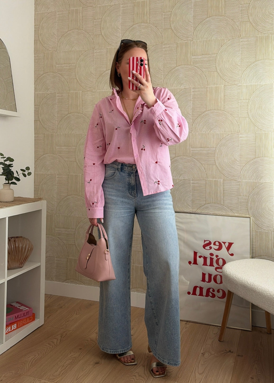 Chemise brodée rose à rayures - CHERRY