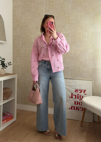 Chemise brodée rose à rayures - CHERRY