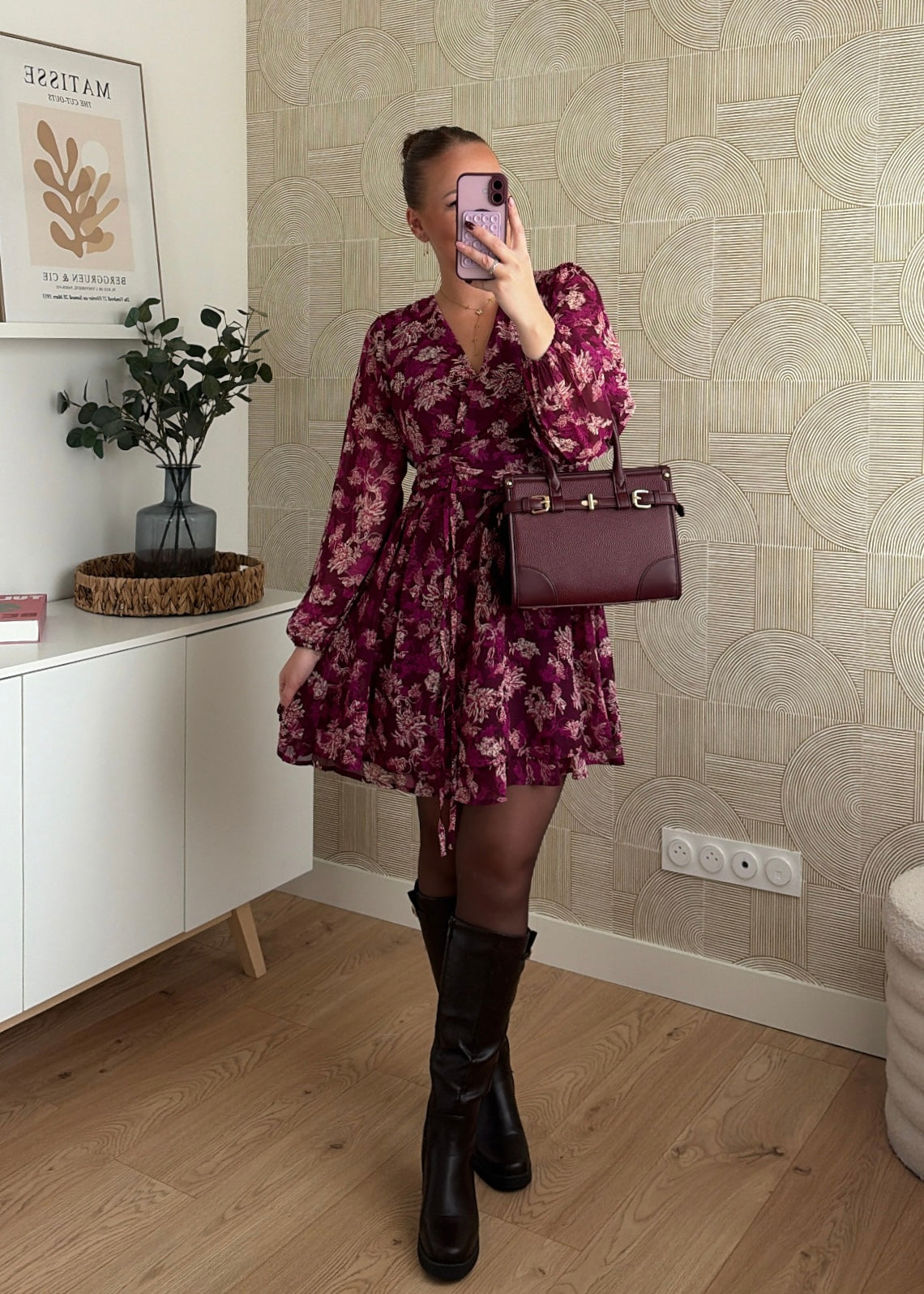 Robe courte à fleurs bordeaux - WAYNA