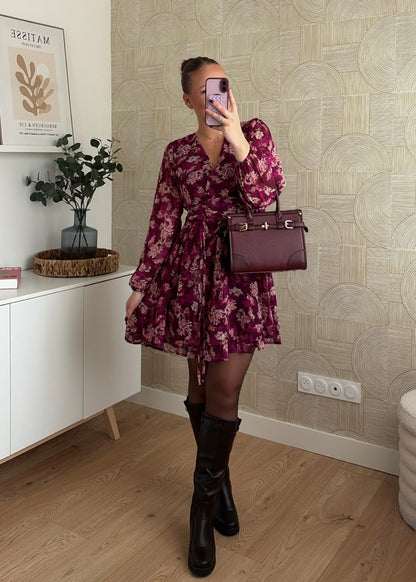 Robe courte à fleurs bordeaux - WAYNA