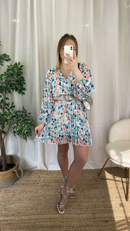 Robe courte plissée ESMA - Blanche & Bleue