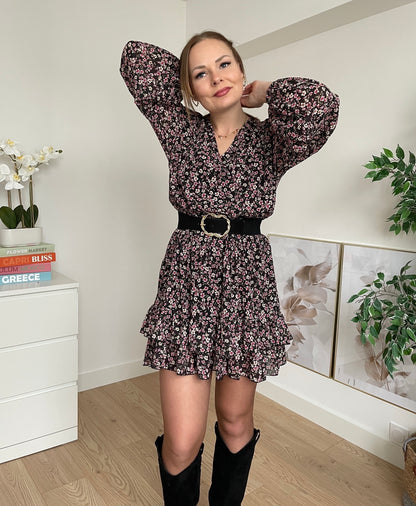 Robe courte à fleurs noire PÉNÉLOPE