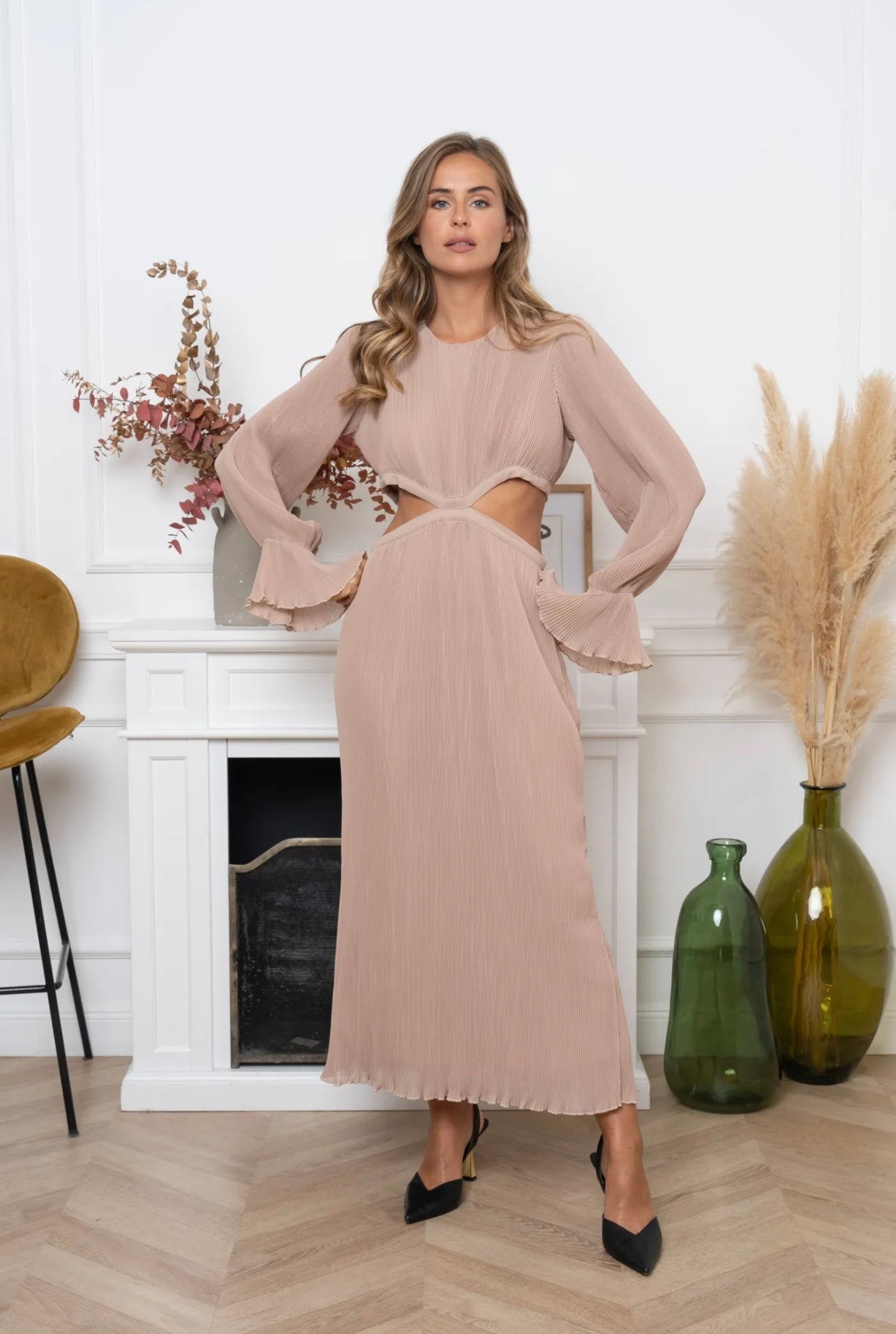 Robe longue plissée beige SELENA