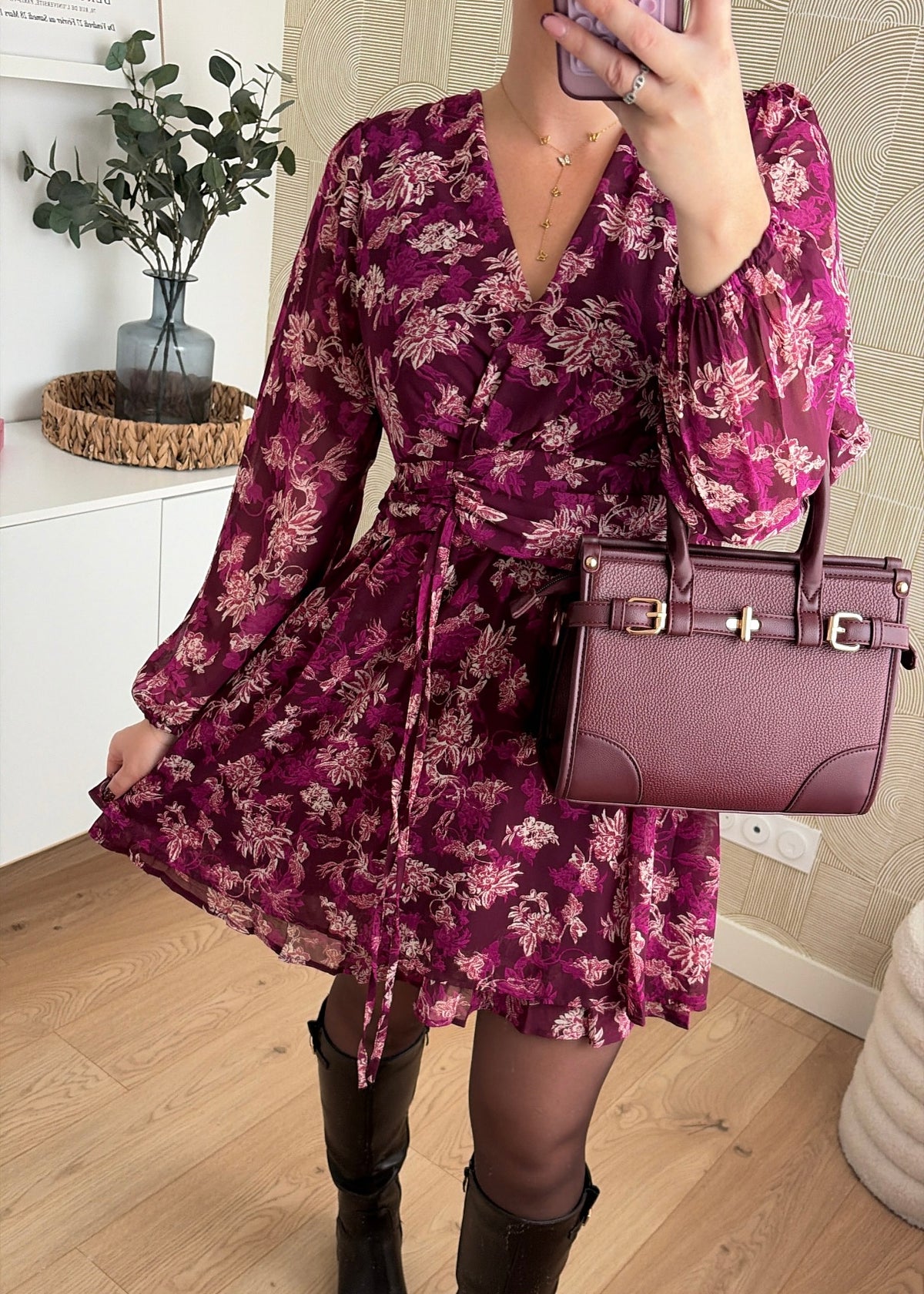 Robe courte à fleurs bordeaux - WAYNA