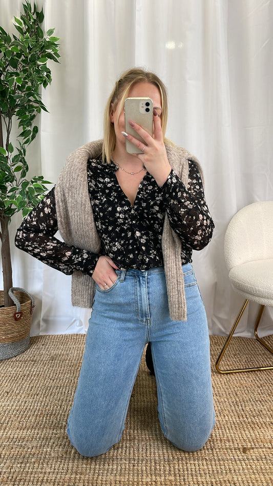 Blouse noire à fleurs BIANCA
