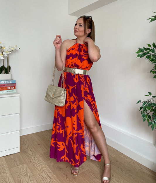Robe longue à motifs orange CARINA