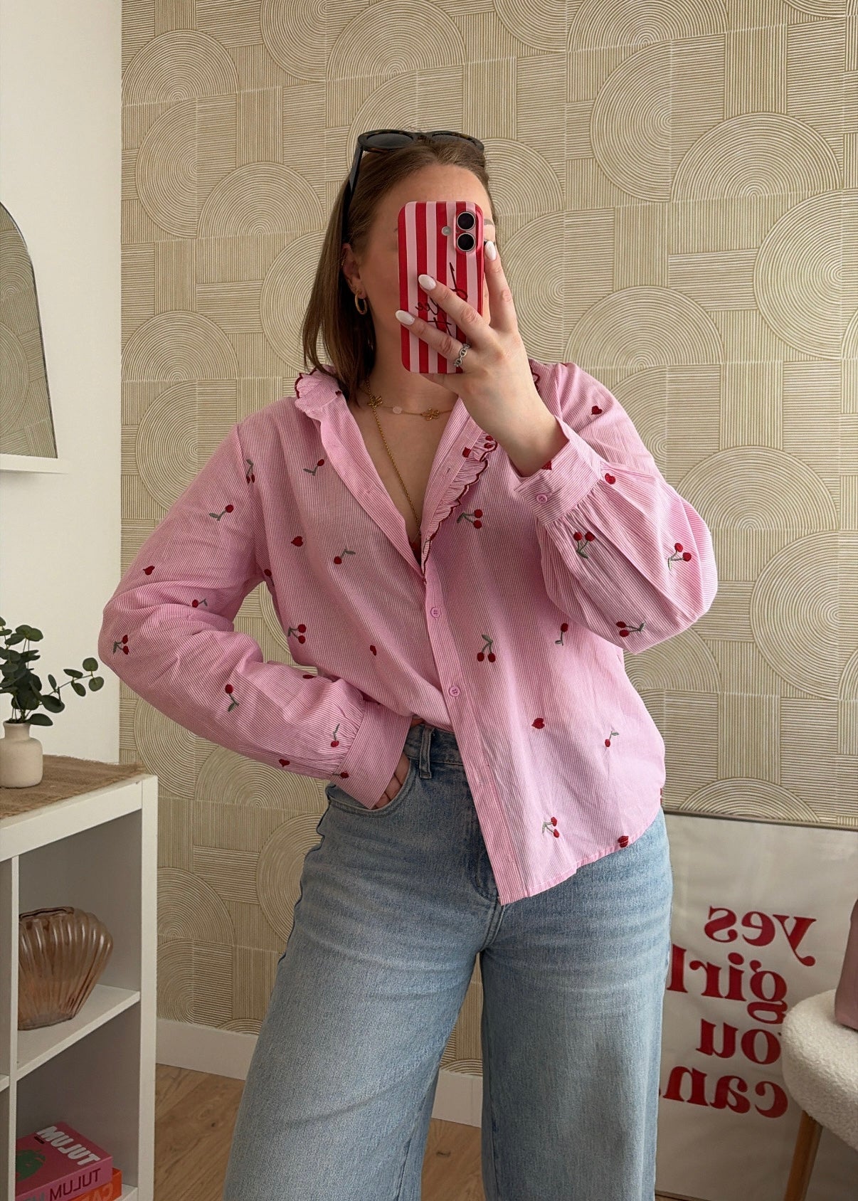 Chemise brodée rose à rayures - CHERRY