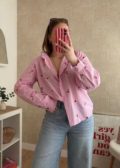 Chemise brodée rose à rayures - CHERRY