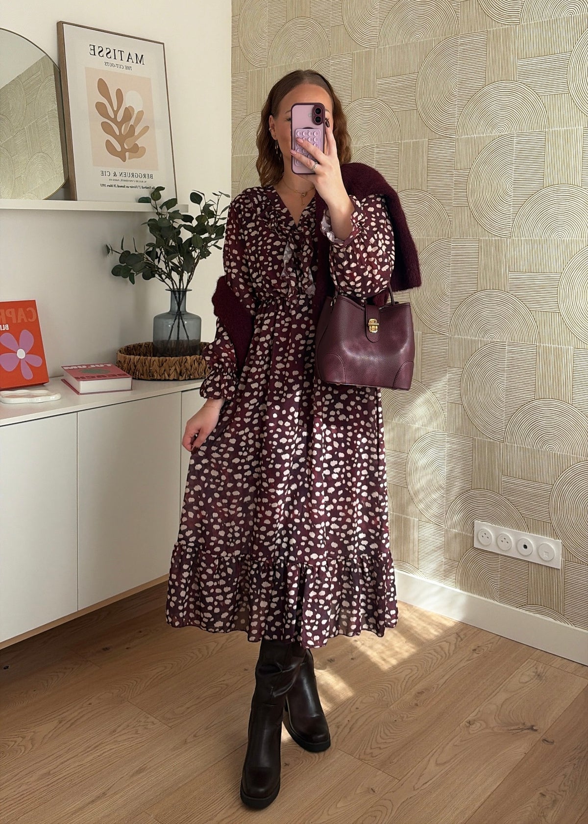 Robe longue à pois bordeaux - CHARLIE